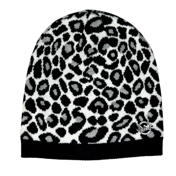 Michael Kors Leopard Print Knit Beanie Women's Hat Black and Gray - Picture 11 of 12